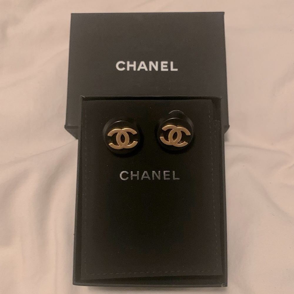 Authentic Chanel CC Black Resin XL Round Button Earrings